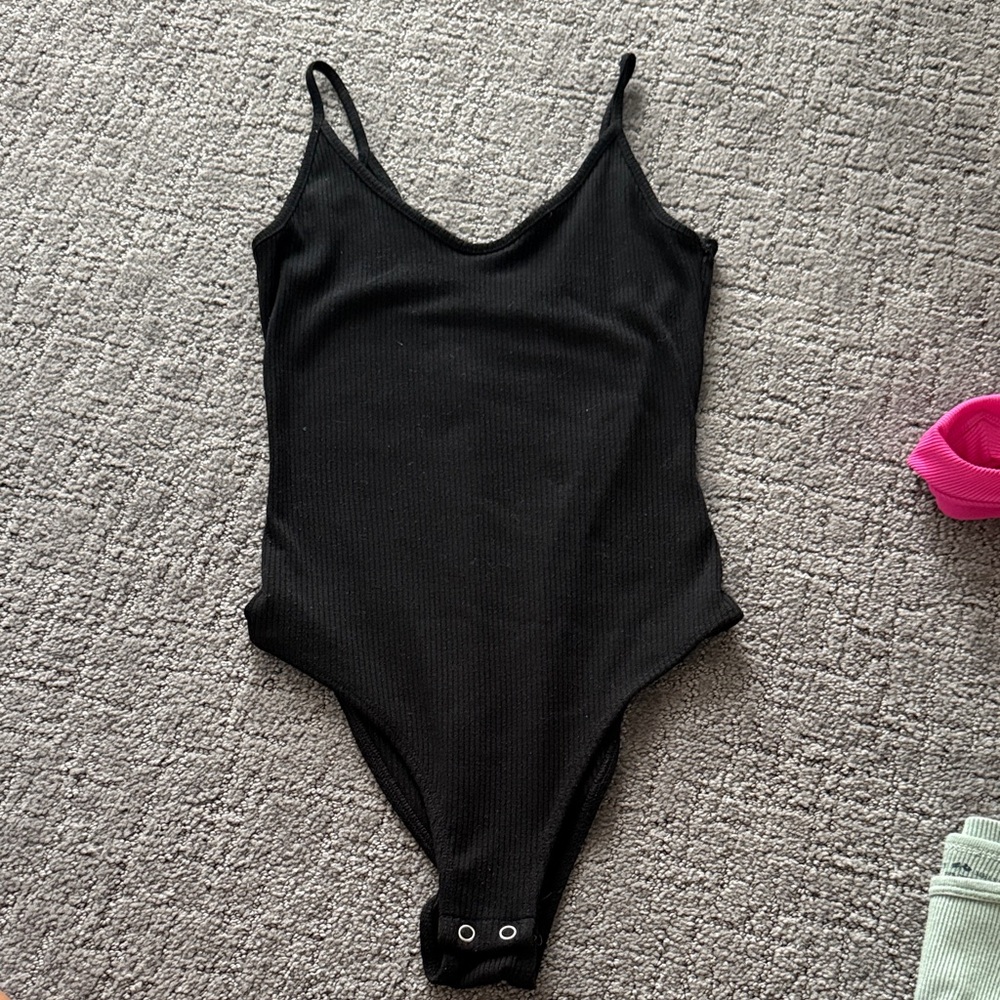 American Eagle Outfitters Black Ribbed Bodysuit with Spaghetti Straps